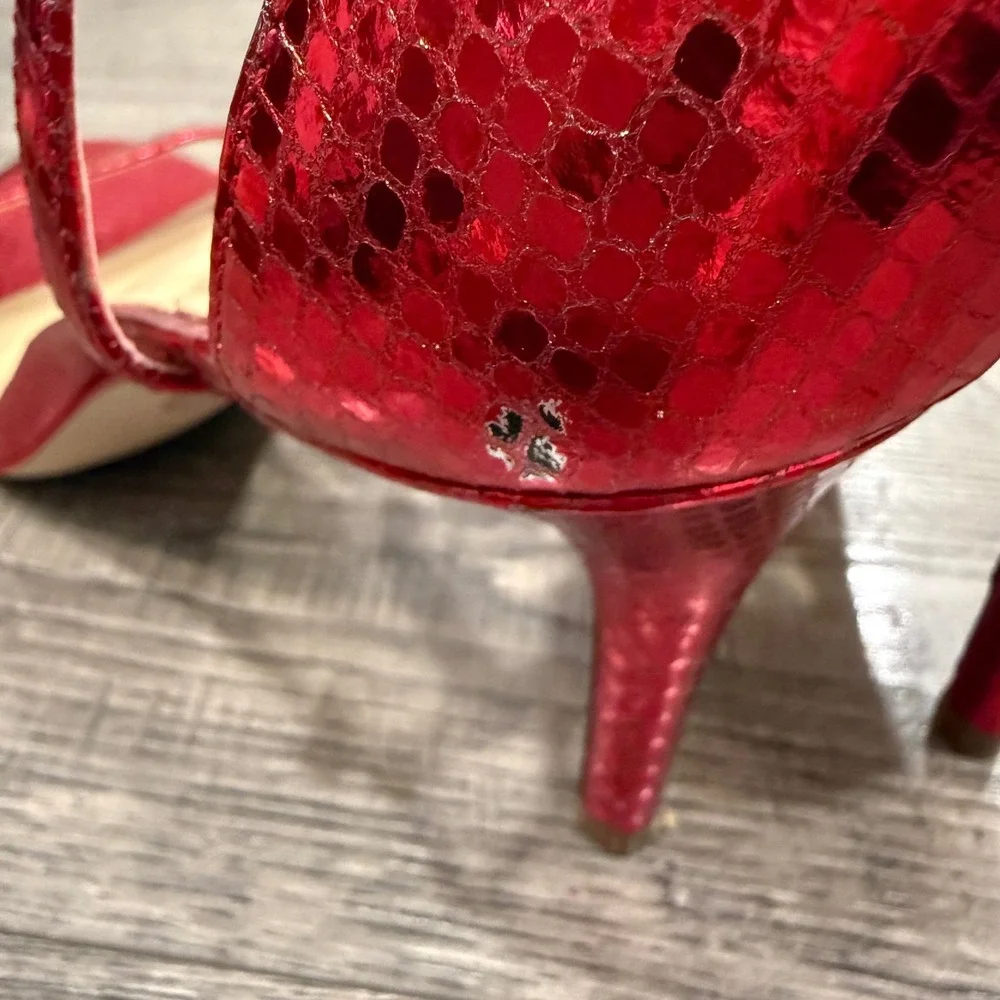Michael Kors Red Metallic Snakeskin Embossed Leather Sandals Heels 11M
